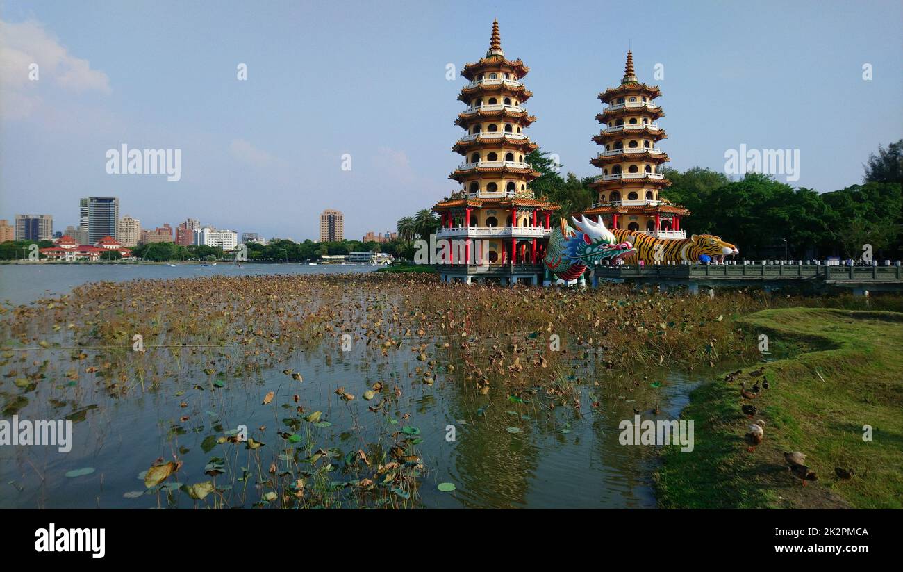 The Dragon and Tiger Pagodas located at Lotus lake, Taiwan. Stock Photo