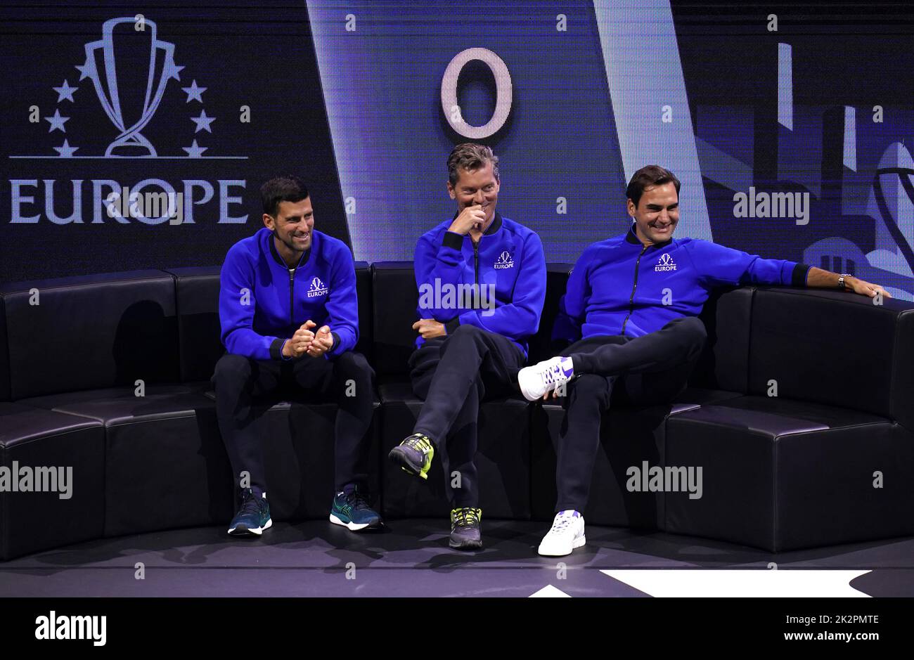 Team Europe's Novak Djokovic, vice captain Thomas Enqvist and Roger Federer watch match action on day one of the Laver Cup at the O2 Arena, London. Picture date: Friday September 23, 2022. Stock Photo