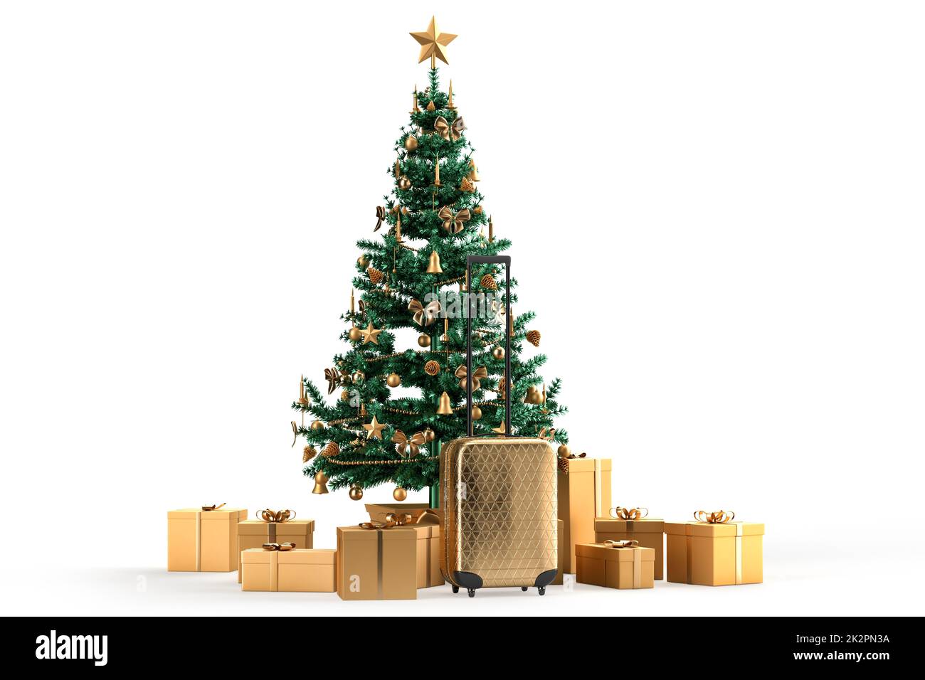 Travel suitcase, Christmas tree and gift boxes. Christmas travel