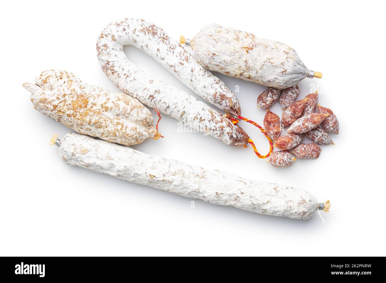 Traditional sausage with white mold. Dried pork salami isolated on