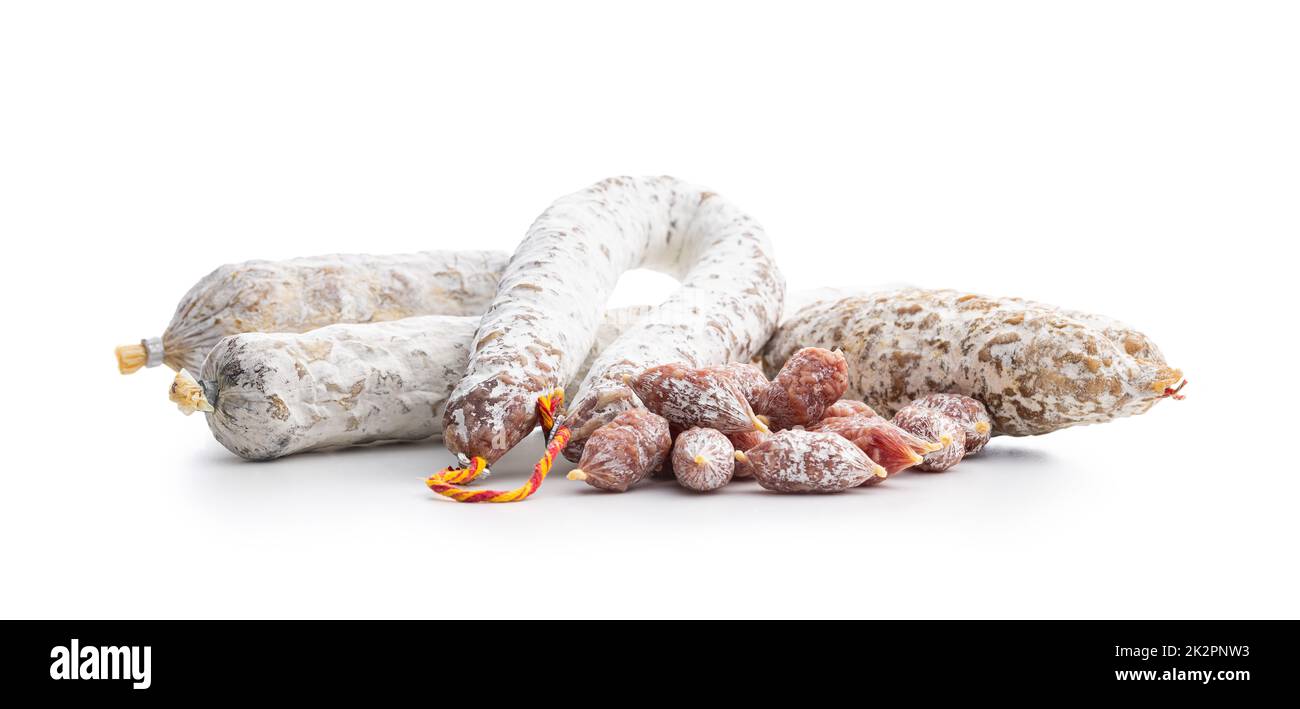 Traditional sausage with white mold. Dried pork salami isolated on