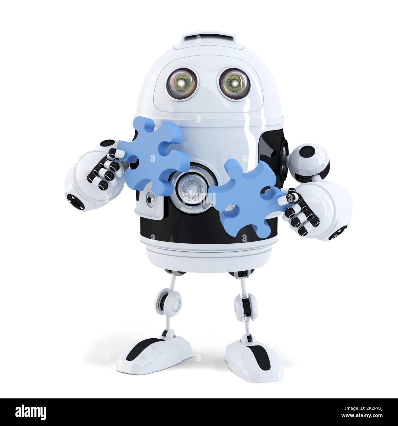 Robot connecting puzzle pieces. Technology concept. Isolated. Contains