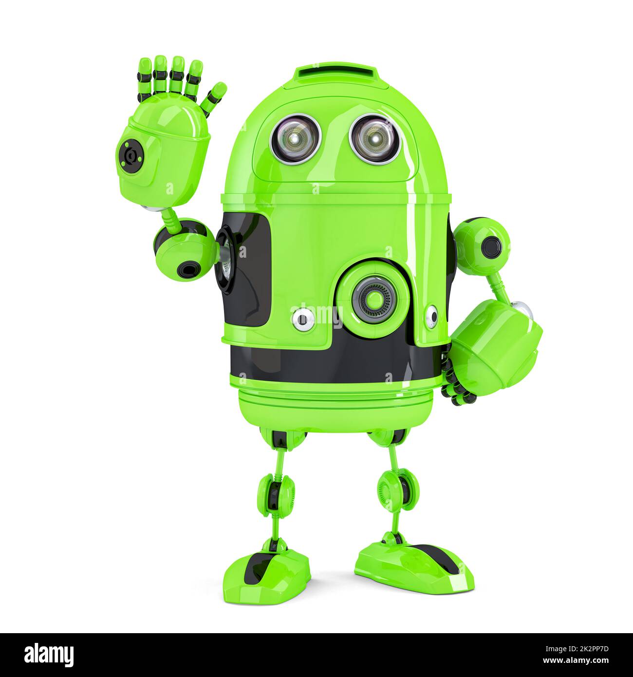 Green 3d Robot waving hello. Isolated. Contains clipping path Stock Photo