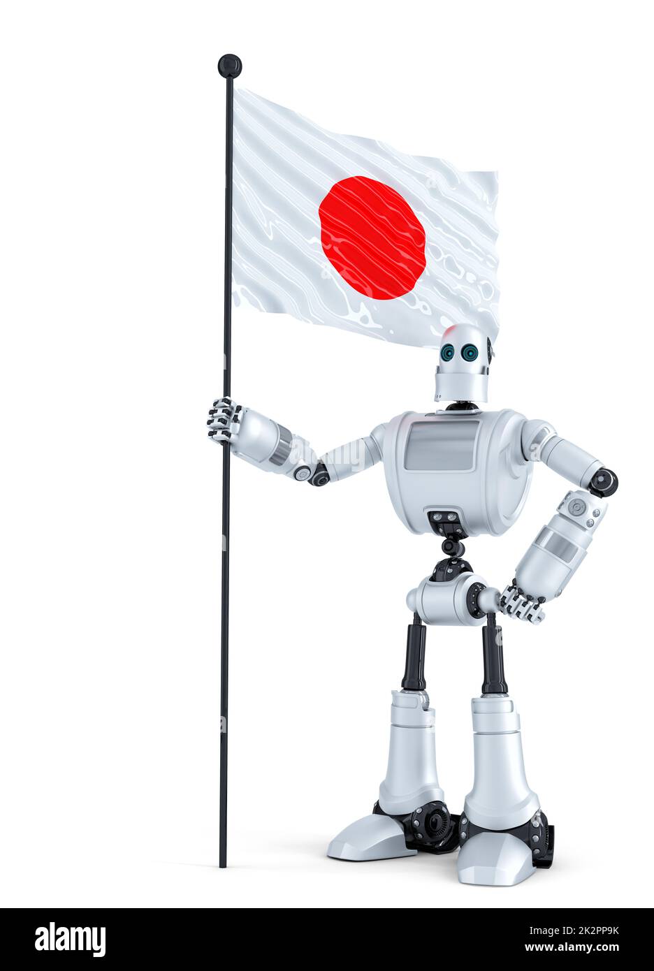 Android Robot standing with flag of Japan. Isolated. Contains clipping path Stock Photo