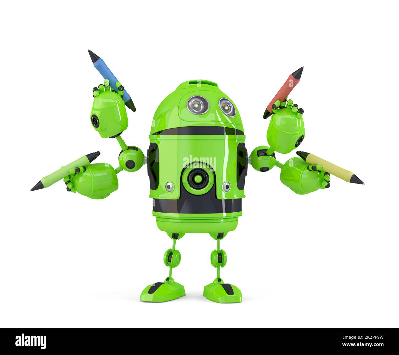 Four-armed 3d robot with pencils. Multitasking concept. Isolated. Contains clipping path. Stock Photo