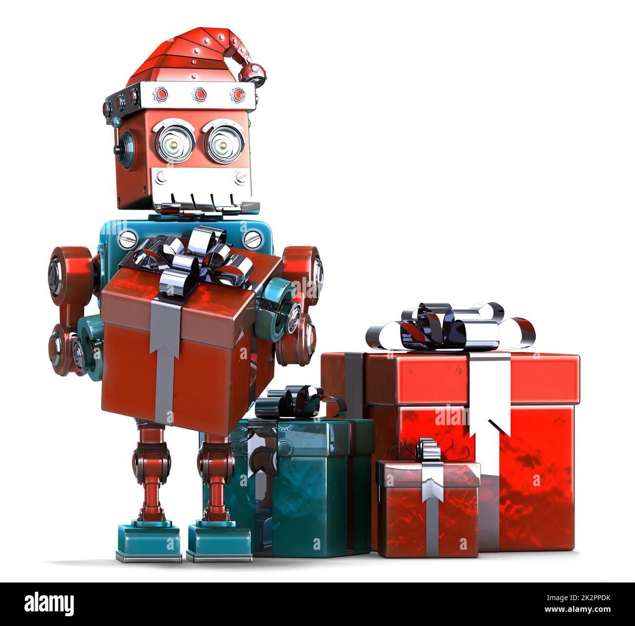 Retro Santa Robot with gift boxes. Christmas concept. Isolated, contains clipping path Stock Photo