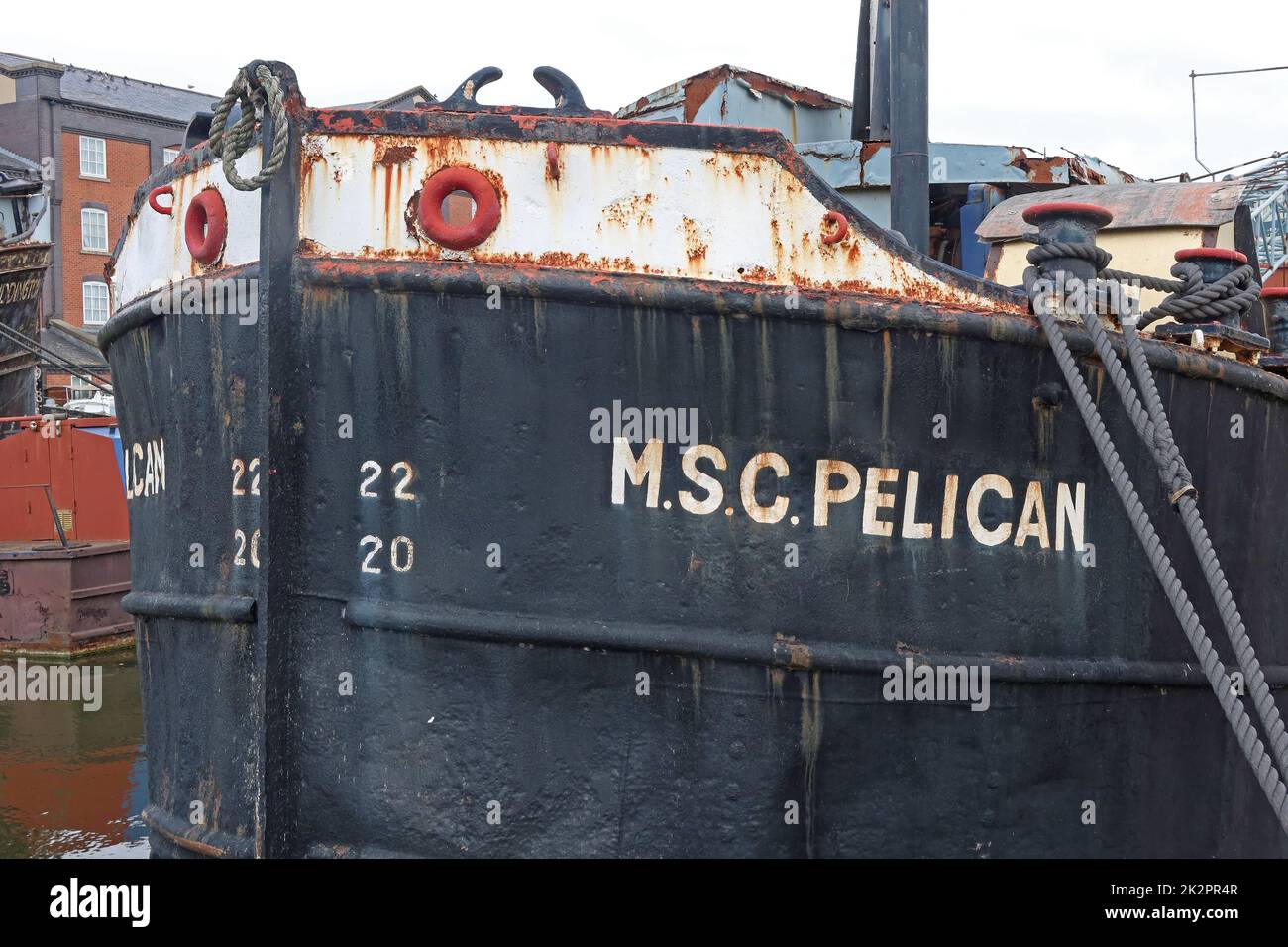 MSC Pelican Manchester barge, 1956 ex-Manchester ship canal crane boat, Used for stores and bouy tender, withdrawn 1980 Stock Photo