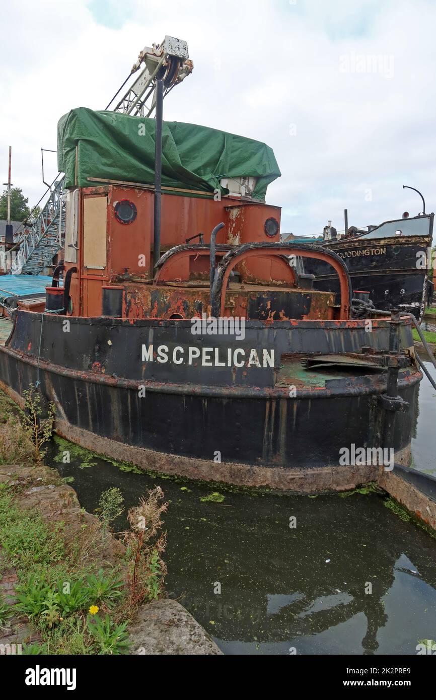 MSC Pelican Manchester barge, 1956 ex-Manchester ship canal crane boat, Used for stores and bouy tender, withdrawn 1980 Stock Photo