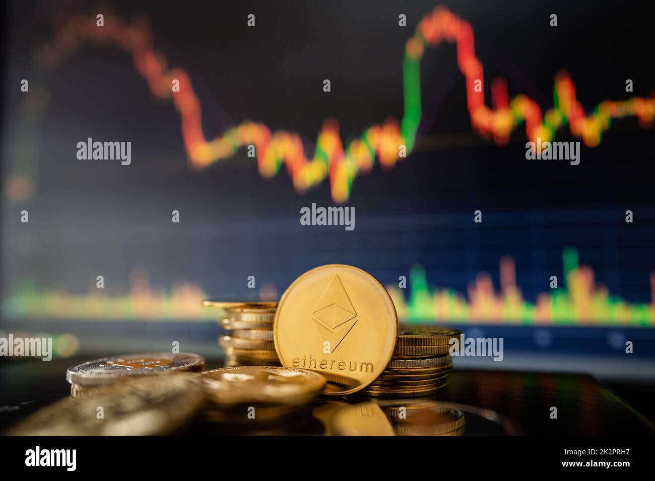 Gold Ethereum with candle stick graph chart and digital background