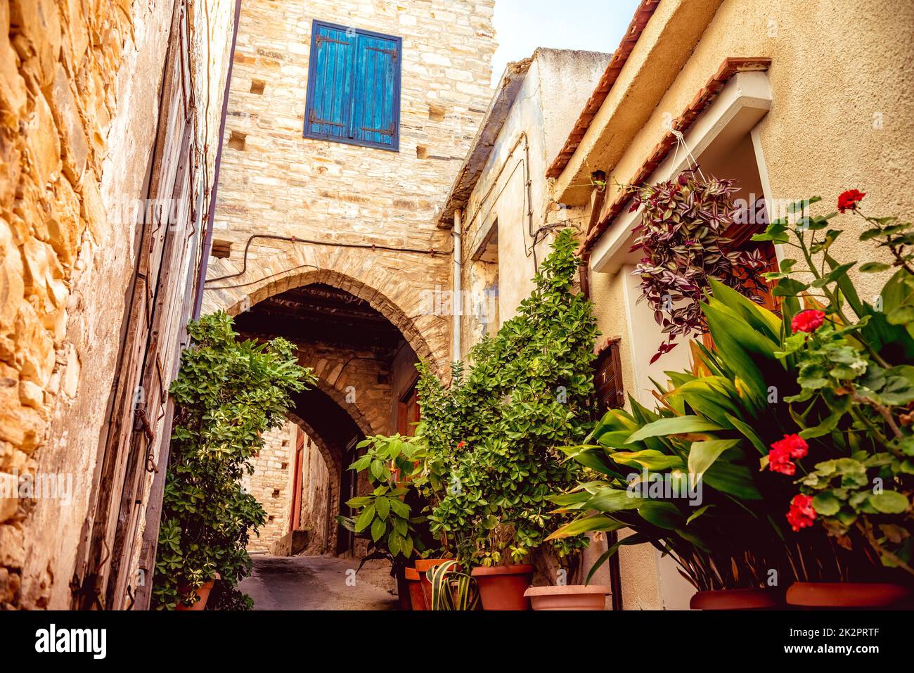 Cozy narrow street in Pano Lefkara village. Limassol District, Cyprus Stock Photo