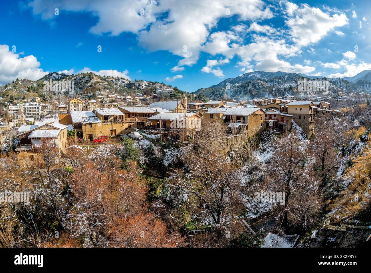 Winter scenery in village of Kakopetria. Nicosia District, Cyprus Stock Photo