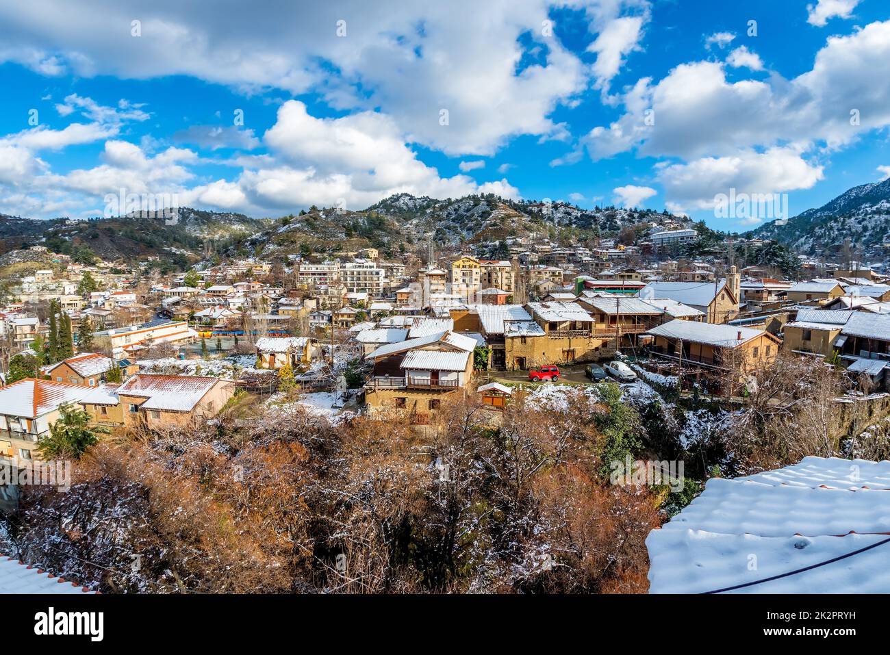 A small mountain village of Kakopetria covered in snow. Nicosia District, Cyprus Stock Photo