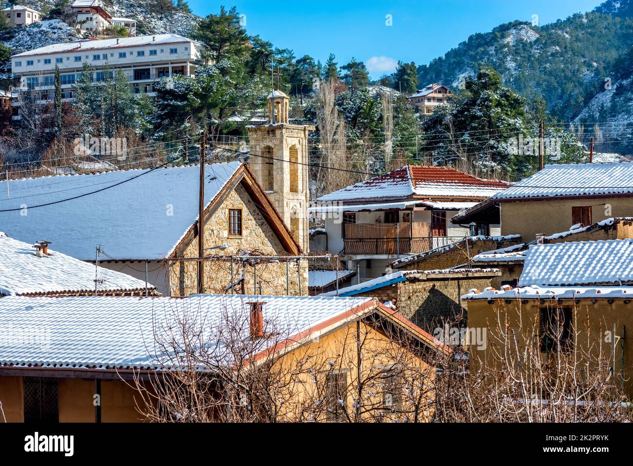 Mountain picturesque village of Kakopetria in a snowy day. Nicosia District, Cyprus Stock Photo