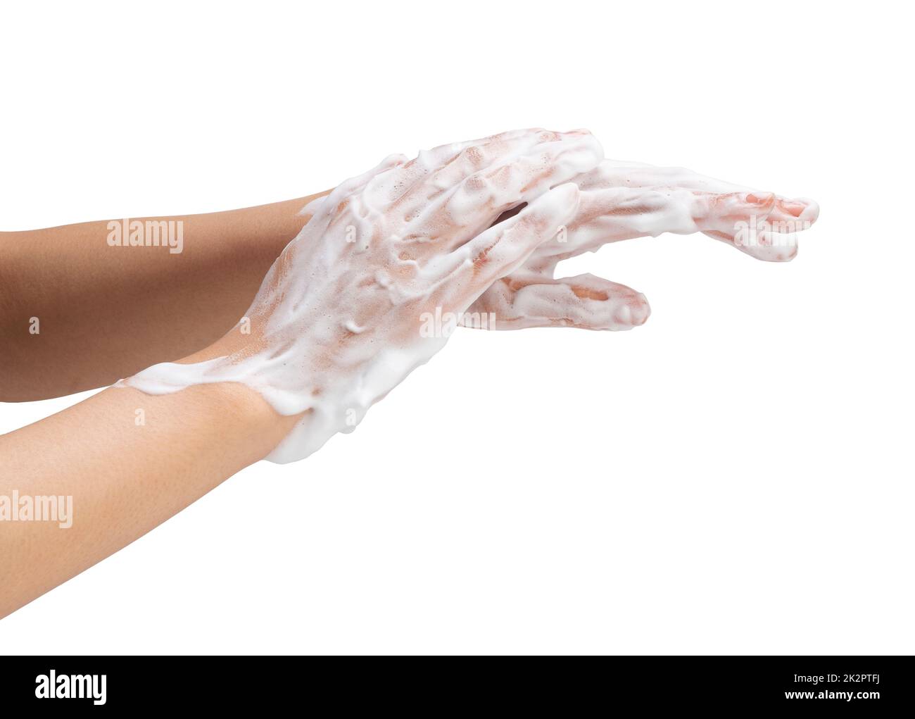 Female hand washing hands with soap lather on white background Stock