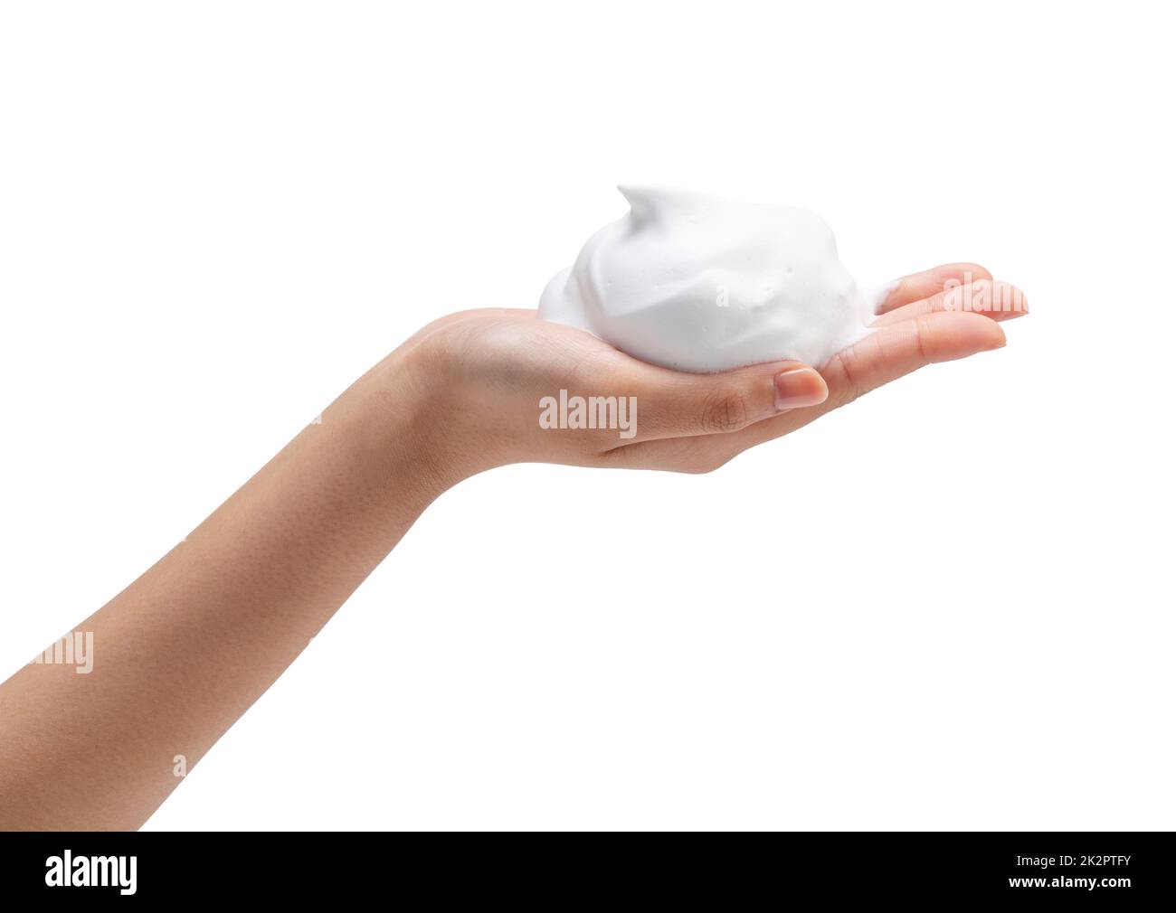 Female hand with soap bubbles on white background. Stock Photo