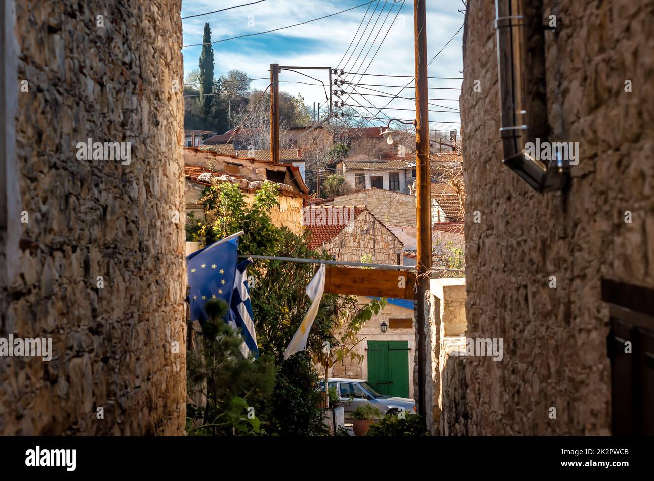 Lofou, view over village through narrow street. Limassol District, Cyprus Stock Photo