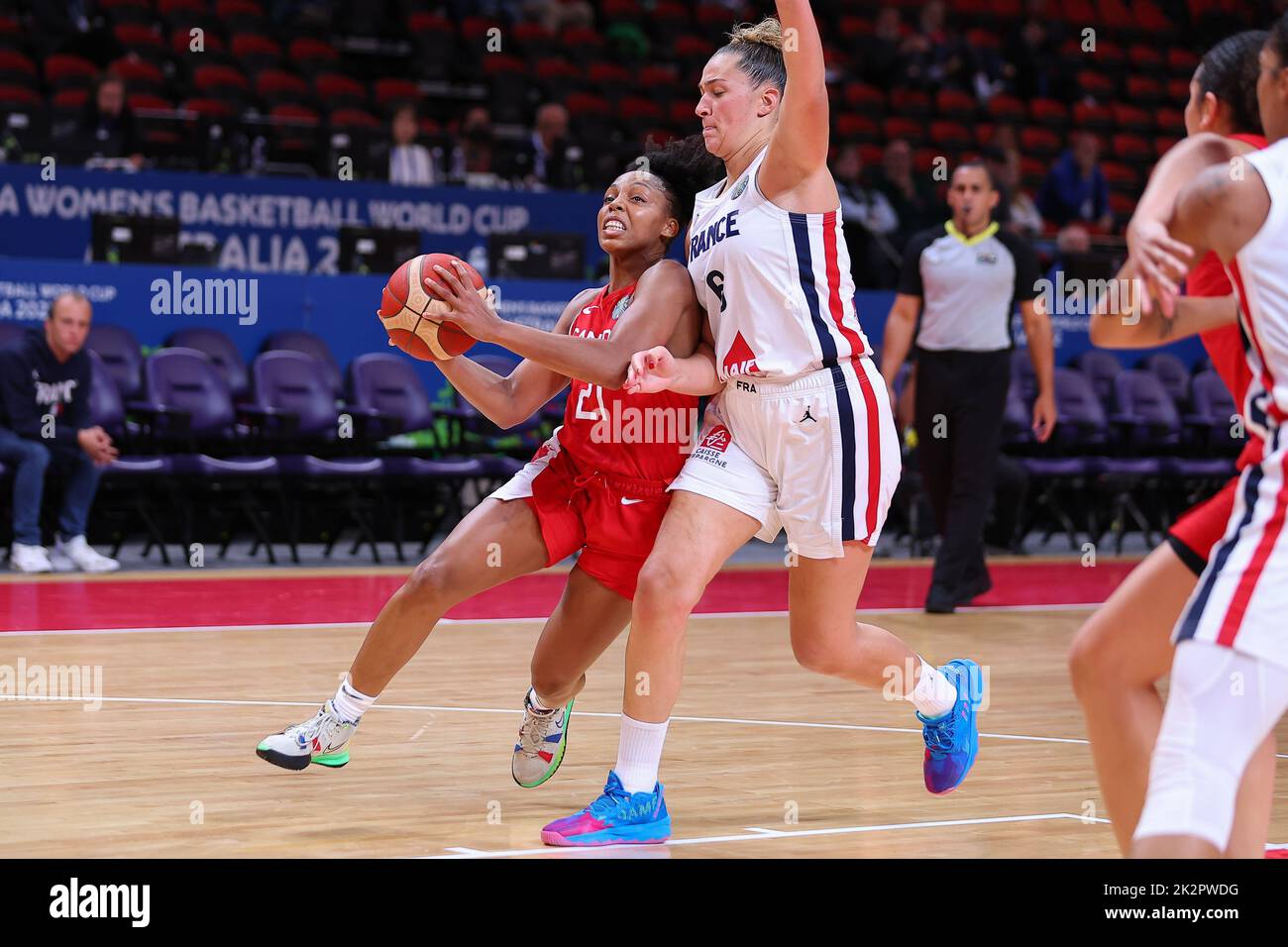 23rd September 2022; Sydney, Homebush, New South Wales, Australia, Women's World Cup Basketball: Canada versus France: Nirra FIELDS of Canada is too strong for Alexia CHARTEREAU of France Stock Photo