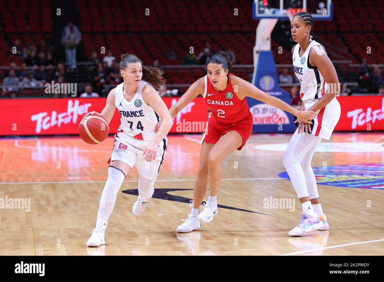 23rd September 2022; Sydney, Homebush, New South Wales, Australia, Women's World Cup Basketball: Canada versus France: Marie-Eve PAGET of France evades the attention of Aislinn KONIG of Canada Stock Photo