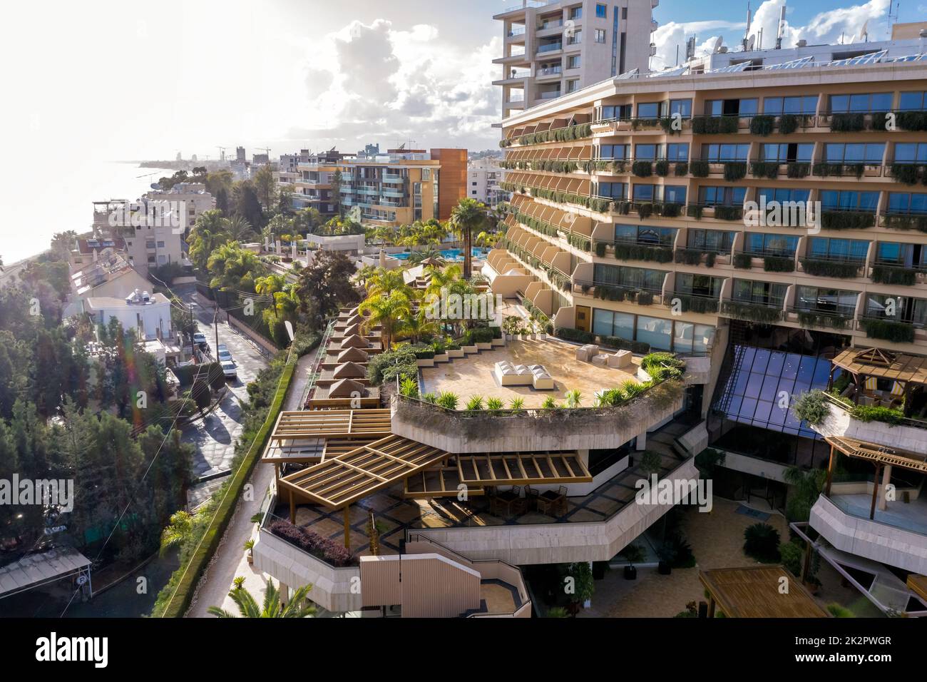 Hotel recreational area along the Mediterranean seacoast. Limassol, Cyprus Stock Photo