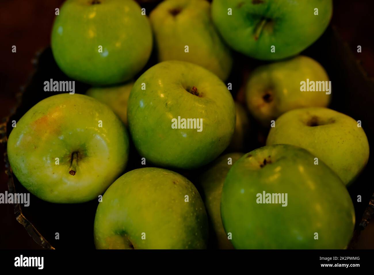 Green apple fruit backgrounds overhead perspective, healthy organic fresh Stock Photo