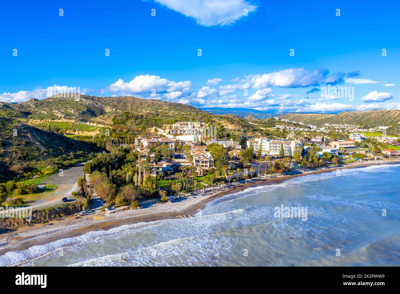 View of beach and hotels of Pissouri.Limassol District, Cyprus Stock Photo