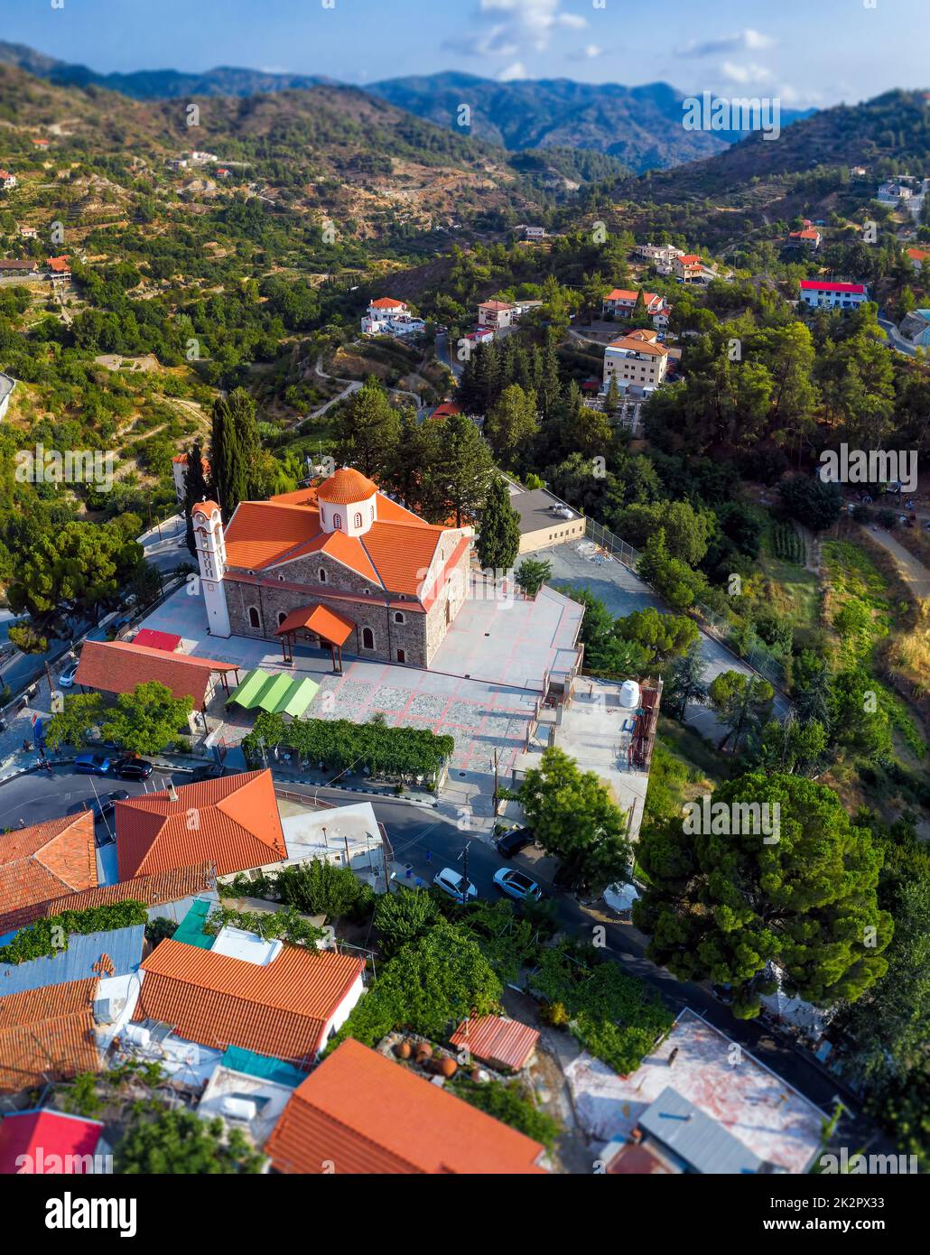 Panoramic view of Agros village in Cyprus with a local church Stock Photo