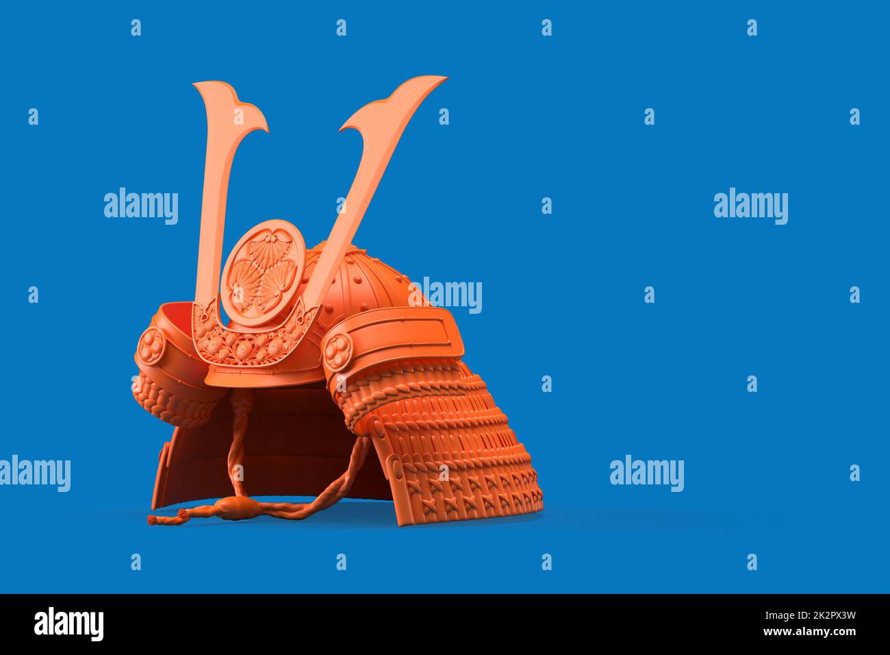 Pink Samurai helmet on blue background. 3D illustration Stock Photo