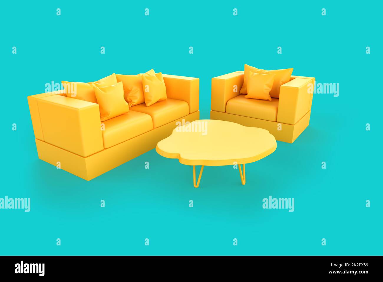 Minimalistic yellow sofa and armchair over teal background. 3D