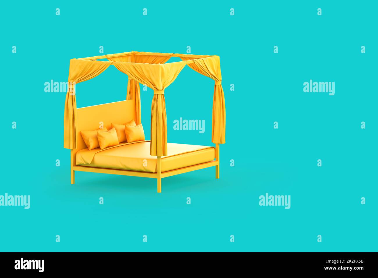 Minimalistic yellow bed with canopy on teal background. 3D Rendering
