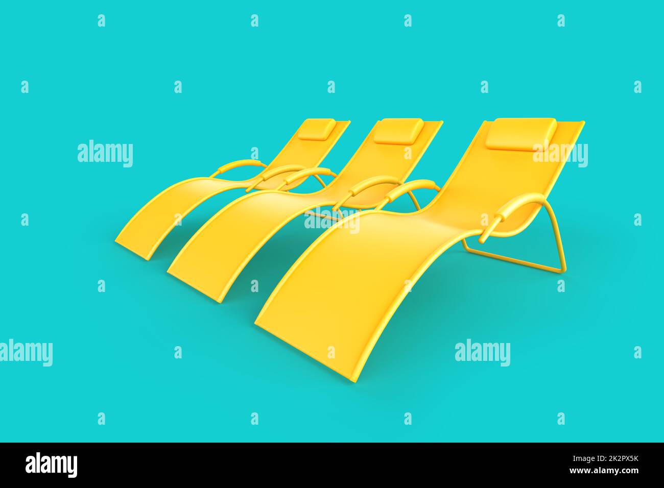 Three yellow sunbeds over teal background. 3D illustration Stock Photo