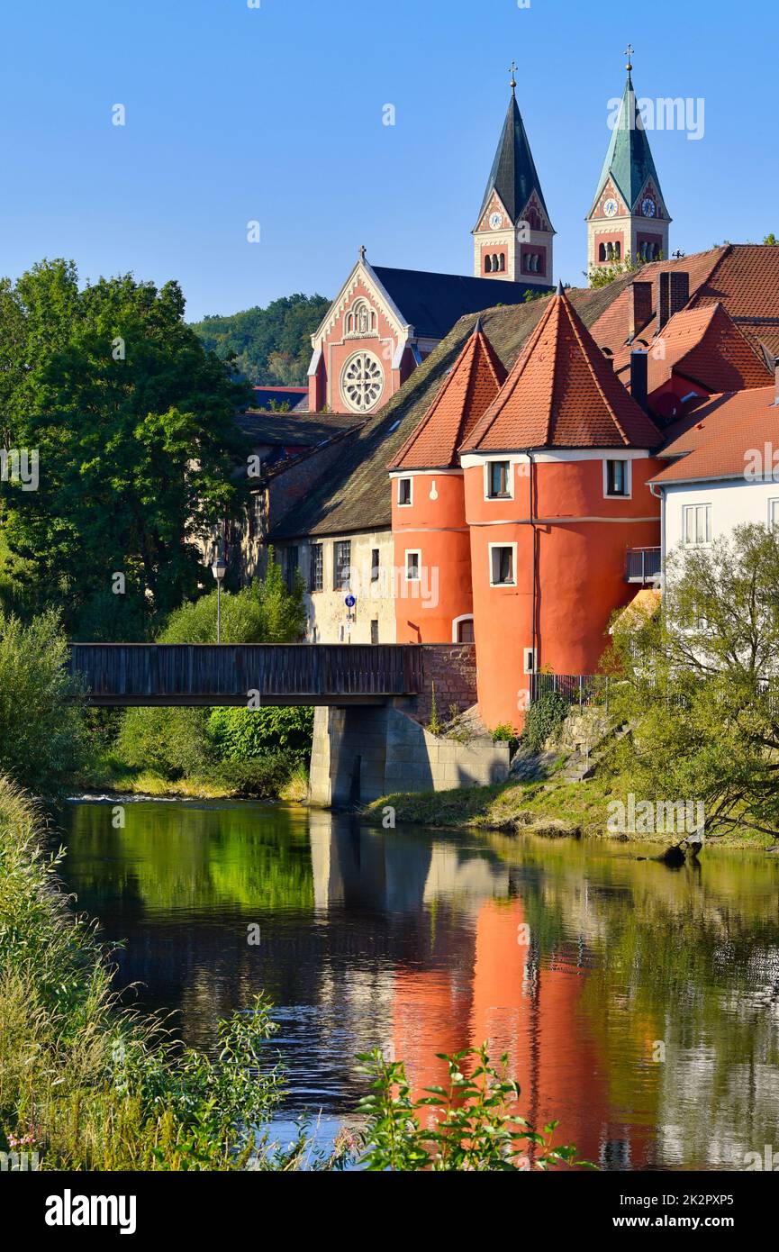 The colorful famous Biertor with the bridge across river Regen in Cham, Bavaria. Stock Photo