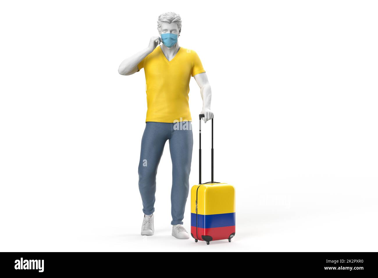 Man wearing face mask pulls a suitcase textured with flag of Colombia. 3D illustration Stock Photo