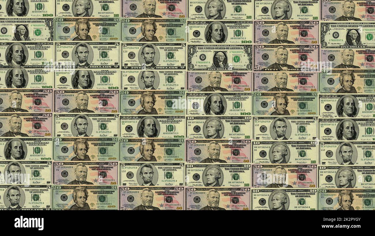 Manu US dollar banknotes replacing each other Stock Photo