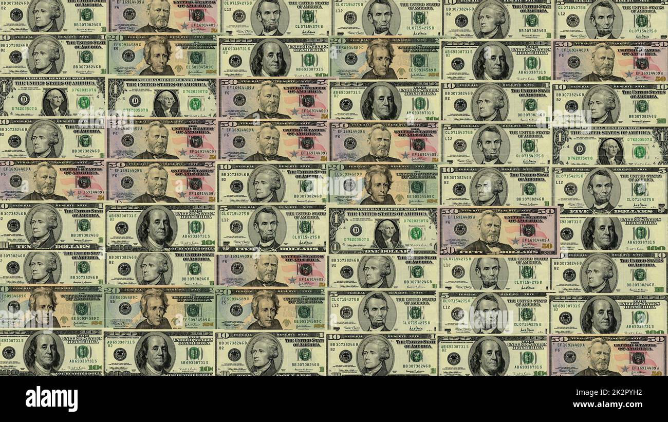 Manu US dollar banknotes replacing each other Stock Photo