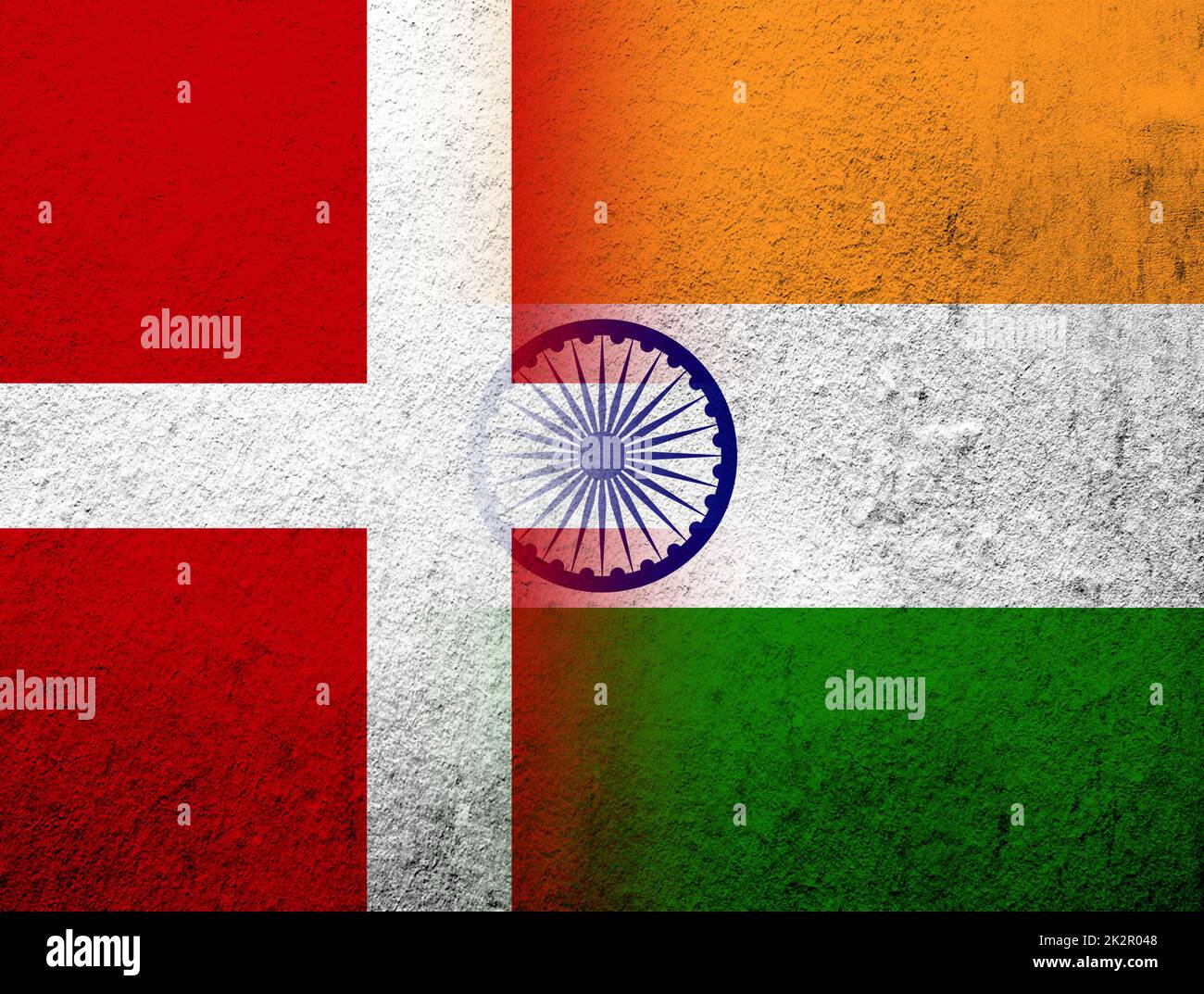 the Kingdom of Denmark National flag with flag of India. Grunge Background Stock Photo