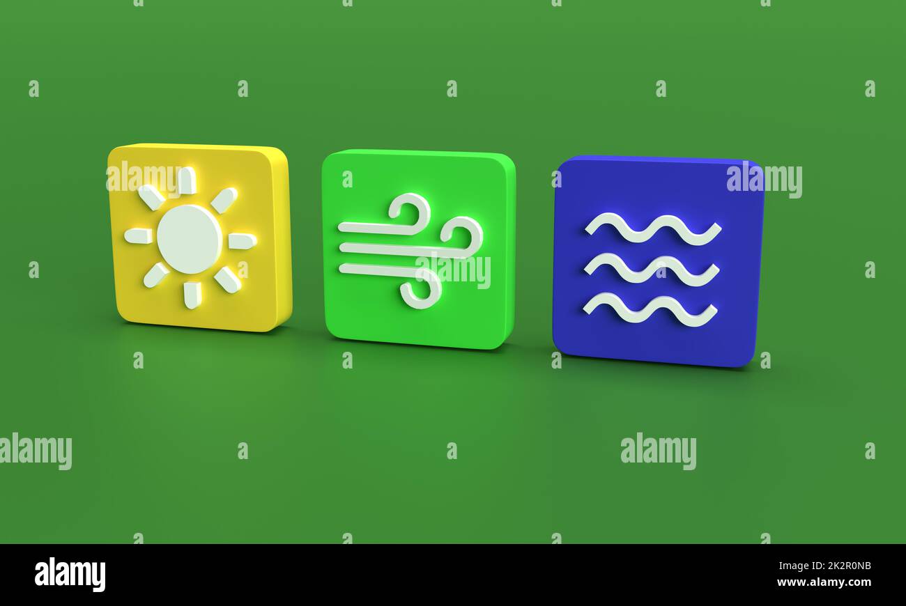 renewable energy icons of sun, wind and water Stock Photo - Alamy