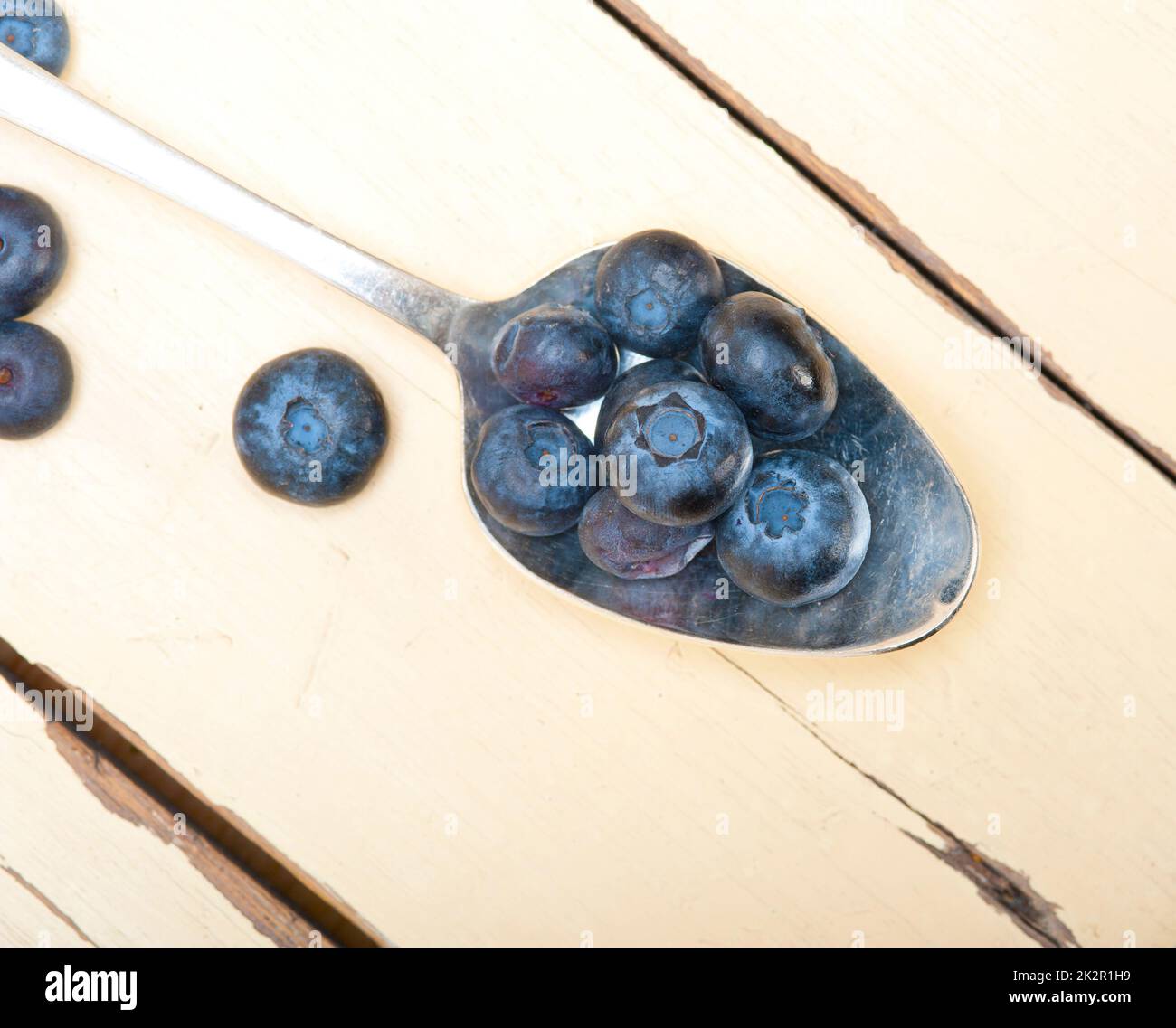 fresh blueberry on silver spoon Stock Photo