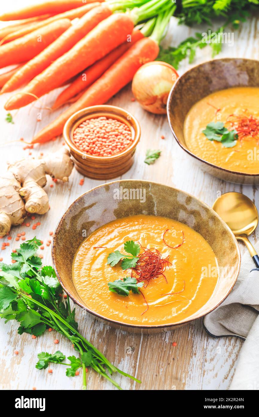 Homemade red lentil soup with carrots, ginger and coconut milk Stock