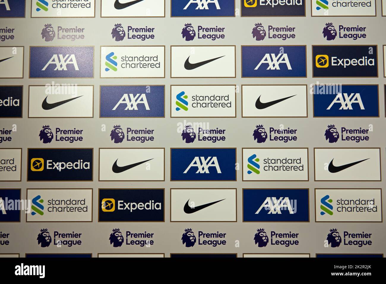 Sponsors names backdrop used when TV interviews players after a match at Anfield Liverpool FC Stock Photo