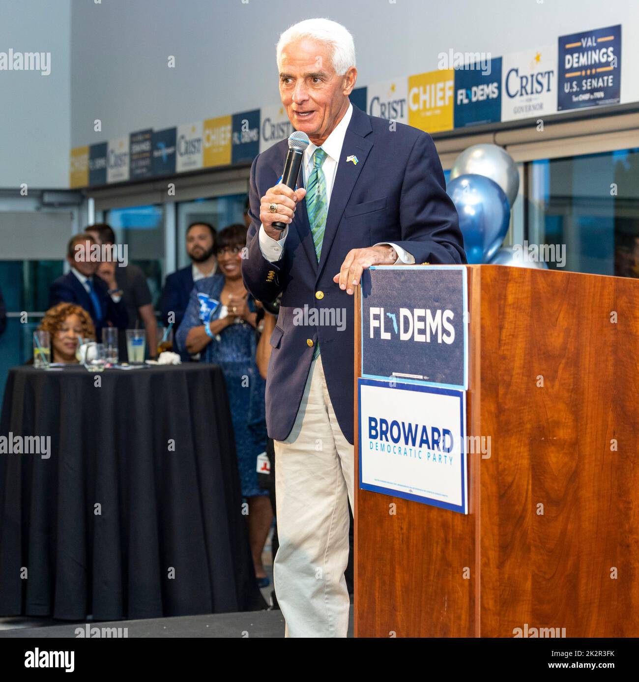 The Gubernatorial nominee Charlie Crist talks to supporters and media in Tamarac Florida Stock Photo