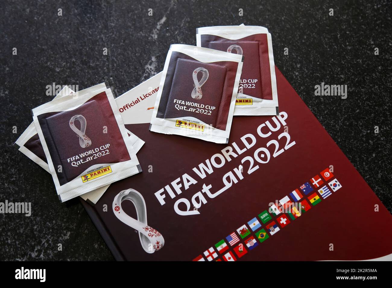 Minas Gerais, Brazil - September 07, 2022: Selective focus of stickers and Panini 2022 FIFA World Cup Qatar Official licensed sticker album Stock Photo
