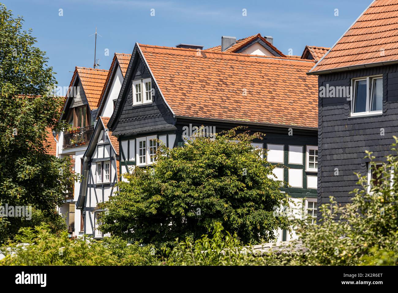 Old half-timered houses in historic town district Weidenhausen of Marburg, Hesse, Germany Stock Photo