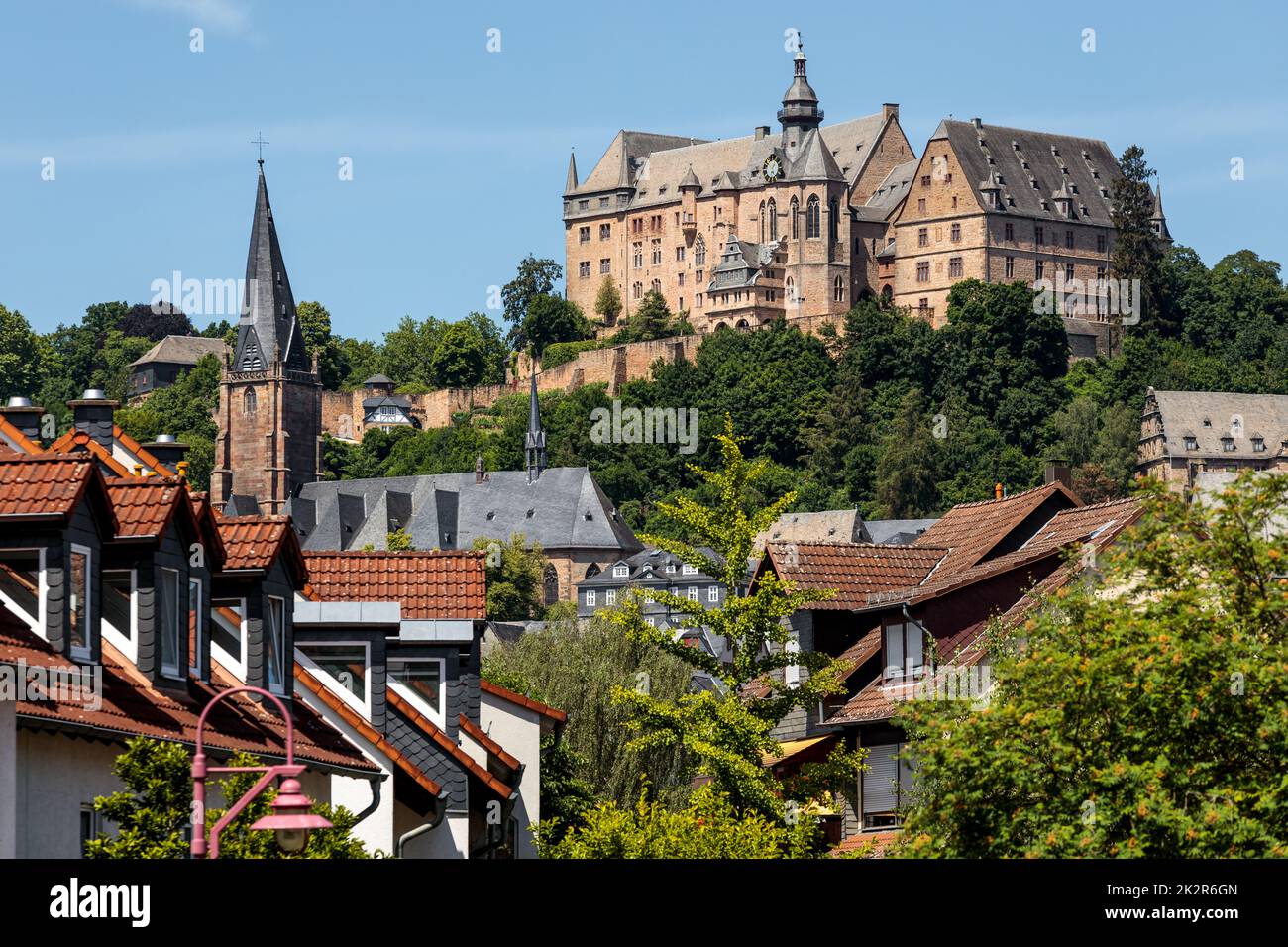 Marburg castle, also called Landgrave castle or Landgrafenschloss, above the historic old town of Marburg, Hesse, Germany Stock Photo