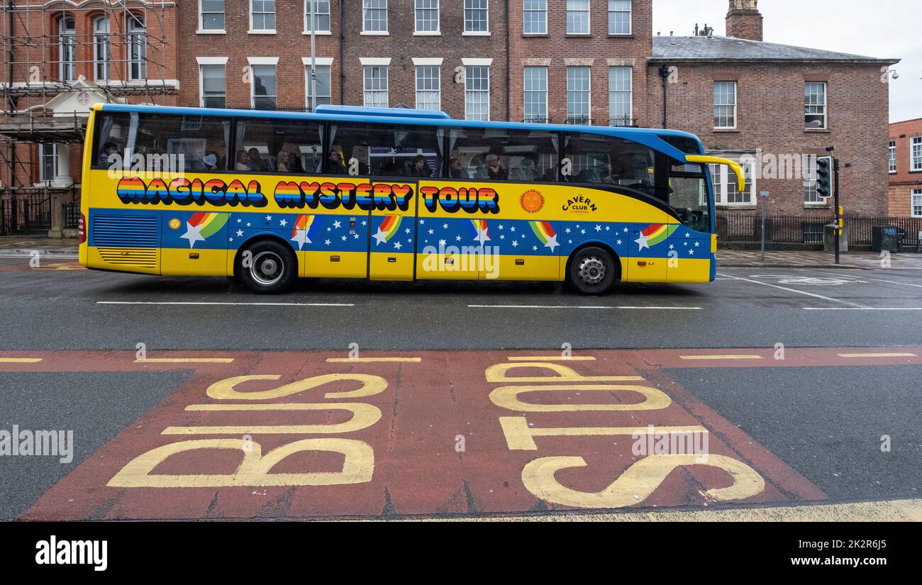 The Magical Mystery tour bus that was used by the Beatles captured on a street in Liverpool Stock Photo
