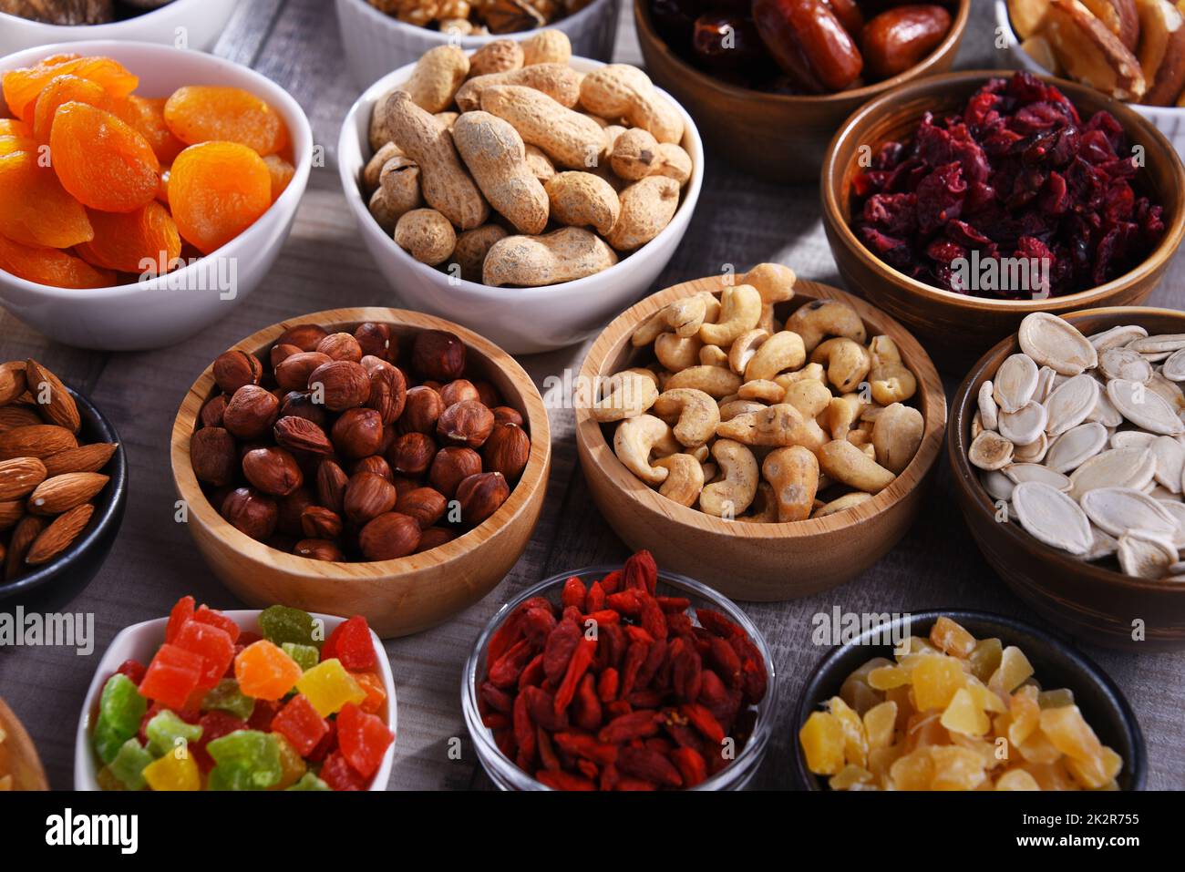 Composition with dried fruits and assorted nuts. Delicacies Stock Photo