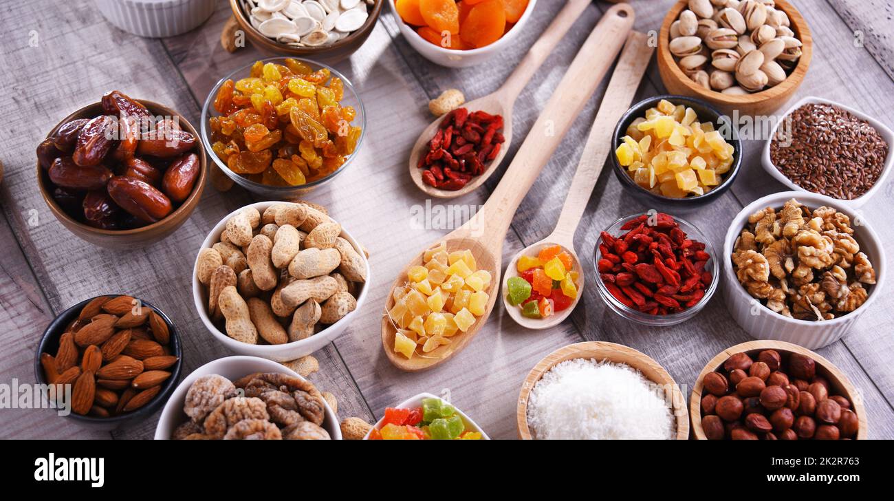 Composition with dried fruits and assorted nuts. Delicacies Stock Photo