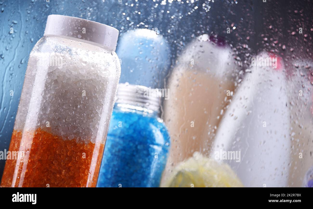 Different containers of body care products in the bathroom Stock Photo