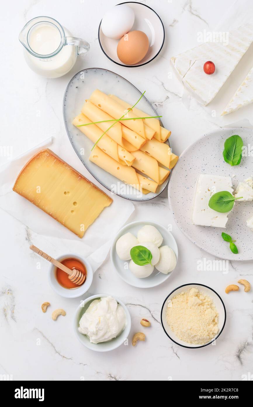 Assortment of fresh dairy products, milk, cottage cheese, eggs, yogurt Stock Photo Alamy