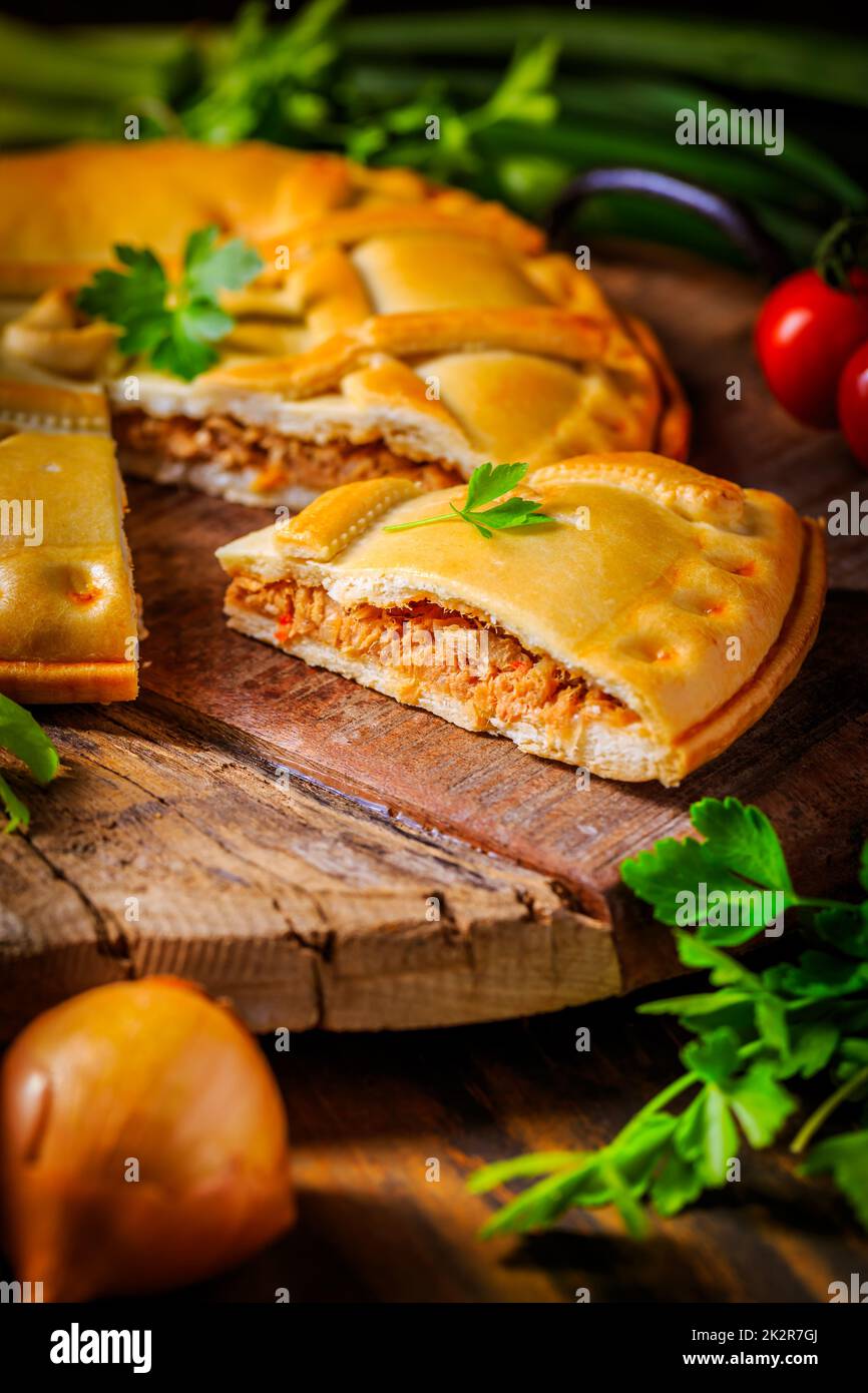 Empanada Gallega traditional pie stuffed with tuna, Galician and