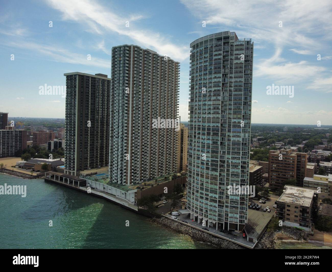 A drone view of high residential buildings in Chicago, Edgewater neighborhood Stock Photo